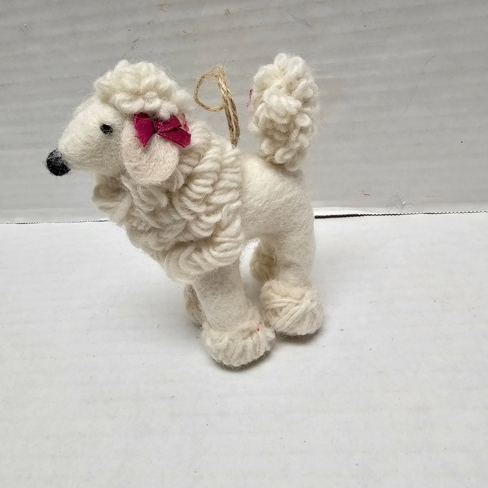 Pottery Barn Kids Felted wool poodle Holiday Christmas Ornament White Pink Bows